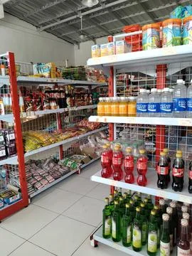 Central Java 20 July 2026: Interior of a local convenience store with neatly arr Fotos Stock