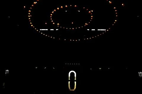 Central Java Grand Mosque: Lights inside the mosque in a dark space. Stock Photos