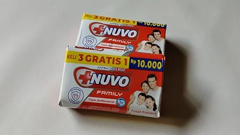 Central Java, Indonesia – 10 May 2026: Close-up view of NUVO bar soap product  스톡 동영상 337081517