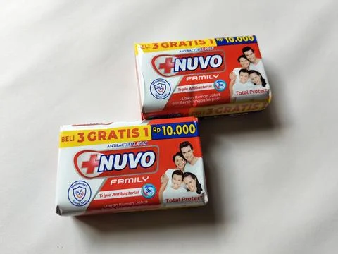 Central Java, Indonesia – 10 May 2026: Close-up view of NUVO bar soap product  Stock-Fotos