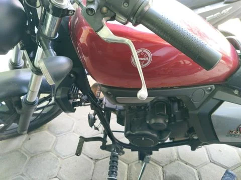 Central Java Indonesia 16 July 2026: Close-up detail of a Benelli Motobi 200 Evo Stock-Fotos
