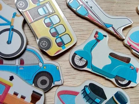 Central Java Indonesia 17 April 2024: Flat lay group of transportation modes, Foto stock