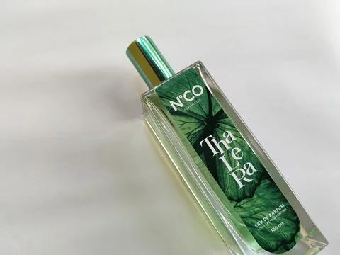 Central Java Indonesia 17 July 2026: Elegant perfume bottle featuring a nature Stock-Fotos