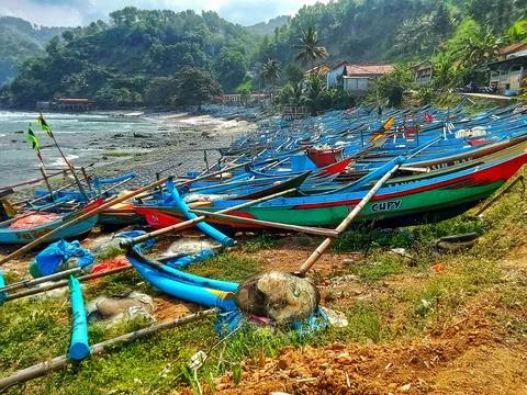 Central Java Indonesia 17 June 2024: fishing boats on the beach. 스톡 사진