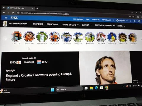 Central Java Indonesia 17 June 2026: a computer screen displaying the official Fotos Stock