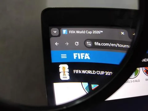Central Java Indonesia 17 June 2026: Close-up of a computer monitor showing FIFA Fotos Stock