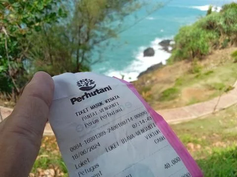 Central Java Indonesia 18 June 2024: Tourist tickets, Menganti Beach is located 스톡 사진