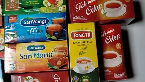 Central Java Indonesia 19 may 2026: A collection of assorted tea bag boxes  Stock Footage 335191880