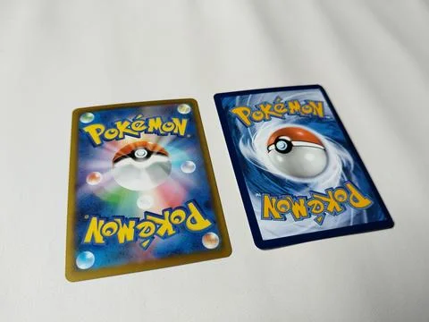 Central Java Indonesia 22 April 2026: Pokémon card back design comparison Japane Stock-Fotos