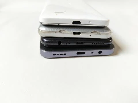 Central Java Indonesia 23 March 2026: Multiple smartphones stacked Stock-Fotos