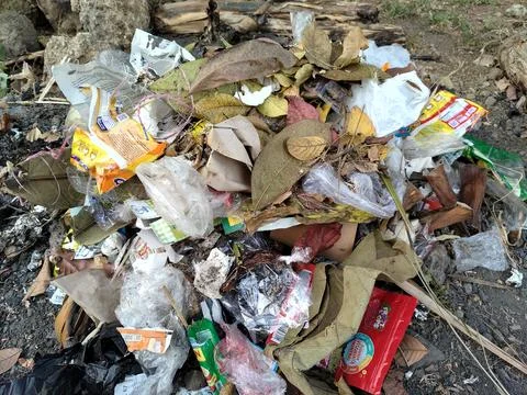 Central Java Indonesia 26 July 2026: Close-up of mixed household waste including Stock-Fotos