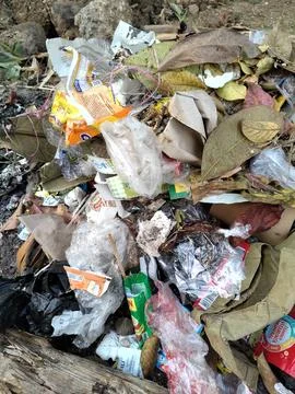 Central Java Indonesia 26 July 2026: Close-up of mixed household waste including Stock-Fotos