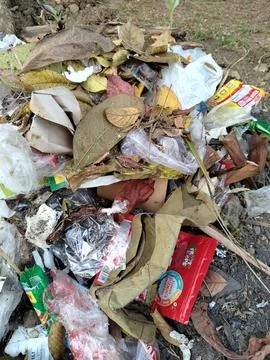 Central Java Indonesia 26 July 2026: Close-up of mixed household waste including Stock-Fotos