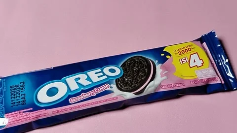 Central Java Indonesia 27 February 2026: Oreo cookies with strawberry cream  Stock Footage 330807991
