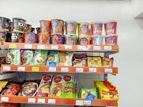 Central Java Indonesia 29 October 2023: shelves in the instant noodle section  Фото