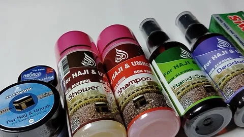 Central Java Indonesia 6 May 2026: Hajj and Umrah bathing kit with non-alcohol  Stock-Footage 334326033