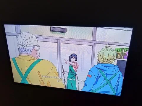 Central Java Indonesia April 27, 2025: watching on tv anime Sakamoto days. Stock-Fotos