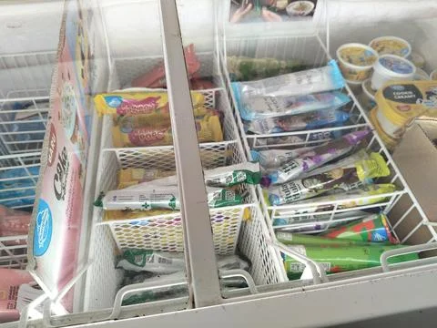 Central Java Indonesia April 29 2026: Various packaged ice cream products neatly Fotos Stock