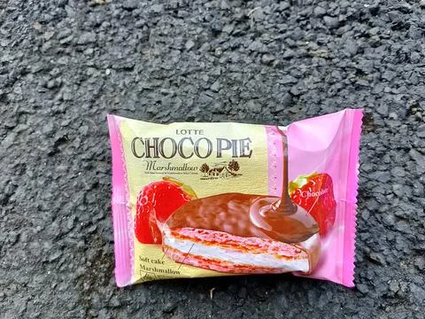 Central Java Indonesia August 16, 2025: LOTTE CHOCO PIE Strawberry flavor. Stock Photos