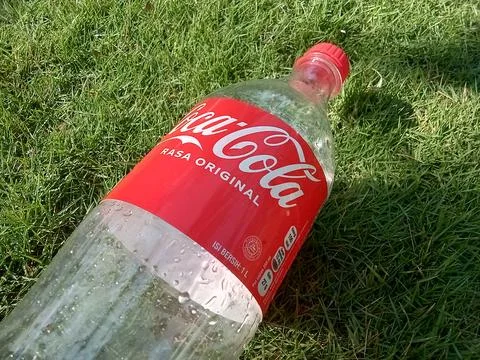 Central Java, Indonesia August 17, 2024: Coca cola bottle, on grass background 写真素材