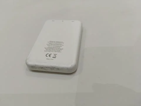 Central Java Indonesia August 6 2026: Close up view of a white portable power ba Stock-Fotos