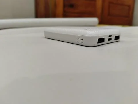 Central Java Indonesia August 6 2026: Close up view of a white portable power  Stock-Fotos
