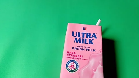 Central Java Indonesia December 28, 2026: Ultra milk strawberry flavor. Stock Footage 325922732