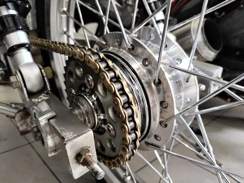 Central Java Indonesia February 13, 2026: Closeup of motorbike, chain, wheel rim Foto stock