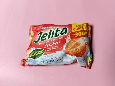 Central Java, Indonesia, February 27, 2026: Strawberry scented Jelita bar soap  Stock Photos