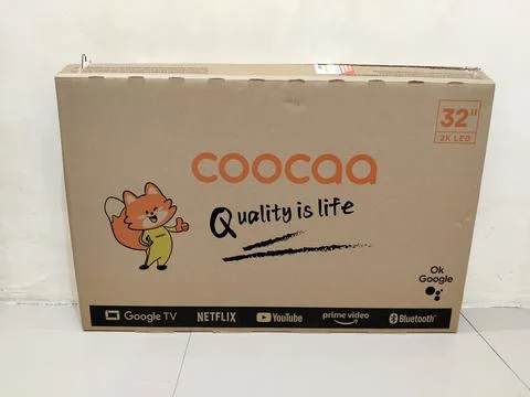 Central Java, Indonesia, February 9, 2026: Coocaa brand TV packaging box, new. Stock-Fotos