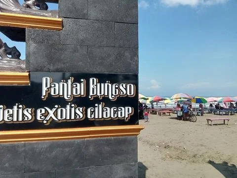 Central Java Indonesia July 7 2024: Landmark entrance monument, jetis beach  Stock Photos