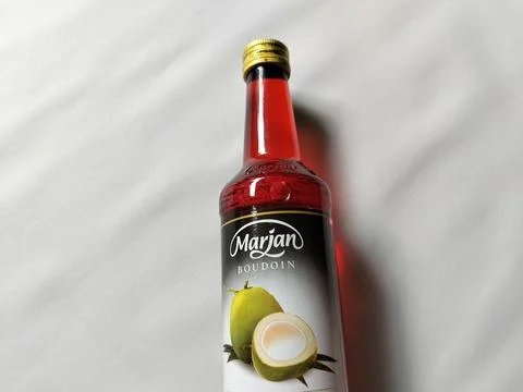 Central Java, Indonesia, March 23, 2026: Marjan Boudoin cocopandan syrup bottle 스톡 사진