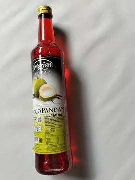 Central Java, Indonesia, March 23, 2026: Marjan Boudoin cocopandan syrup bottle Stock-Fotos