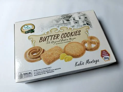 Central Java, Indonesia – May 6, 2026: Retail package of butter cookies featurin Stock-Fotos