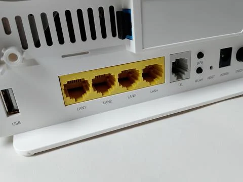 Central Java Indonesia November 29, 2025: Port on wifi router. Stock-Fotos