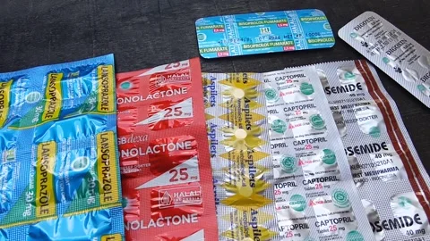 Central Java, Indonesia September 18, 2024: flat lay of some medicines on black  Stock Footage 285594473