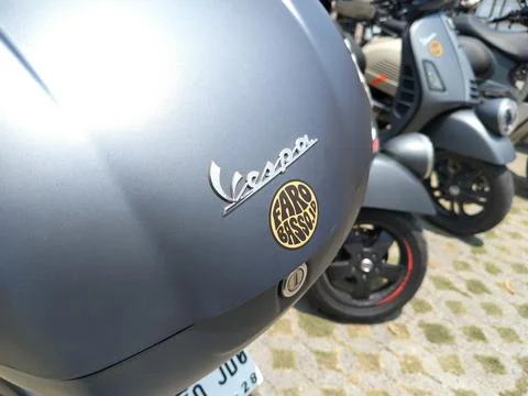 Central Java, INDONESIA - SEPTEMBER 21, 2026: Close-up of a matte gray Vespa  스톡 사진