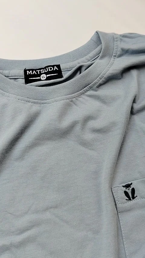 Central Java Indonesia15 July 2026: Light blue crew neck t-shirt with chest Video stock 340120205