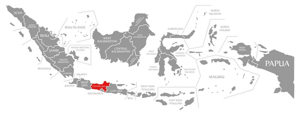 Central Java red highlighted in map of Indonesia Stock Illustration