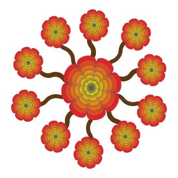A central large stylized flower surrounded by ten smaller stylized flowers .. Stock Illustration