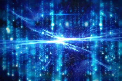 Central light burst is radiating horizontal beams amid flat design code streams, Stock Illustration