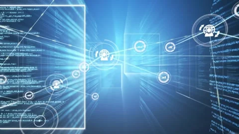 Central light flaring hub revealing globe icon, linking user and chart icons, Stock Footage 331026803