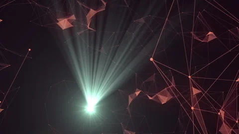 Central light source emitting greenish beams, red triangular mesh nodes floating Stock Footage 310218827