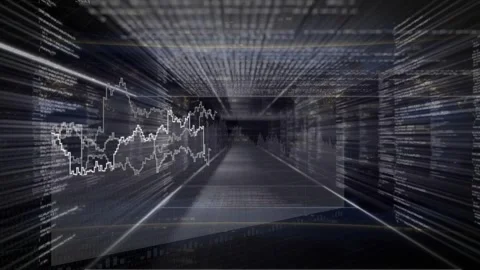 Central light sparking tunnel HUD surging, panels fading, code rising, graph Stock Footage 335739811