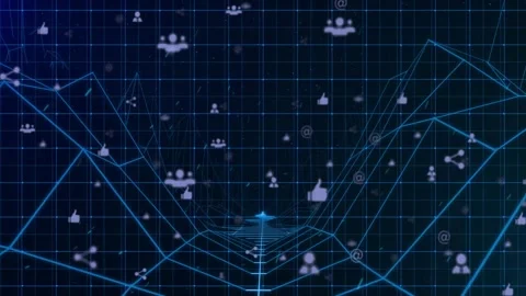 Central lit node starting camera pull, icons drifting and pulsing, waves rising, Stock Footage 329433734