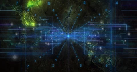 Central luminous data node radiating blue grid lines and flowing digits over Stock-Footage 309286008
