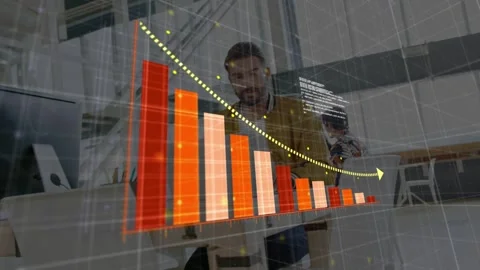 Central man leaning on table while live data showing 3D chart covering table, Stock Footage 333975913