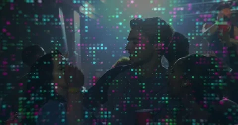 Central man mingling, turning and hugging pal as music playing, pixel overlay Stock Footage 333968495