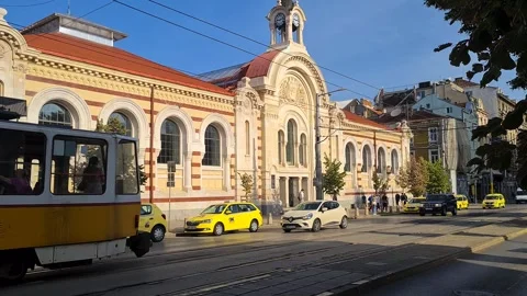 Central Market Hall of Sofia, Bulgaria. Exterior of Building and Street Traffic Video stock 313133743