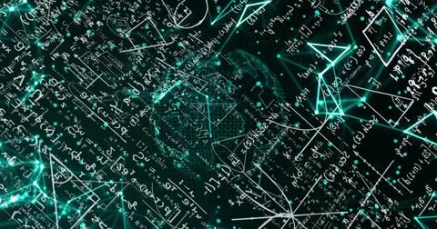 Central math cluster pulsing as data stream driving teal nodes, mapping Stock Photos